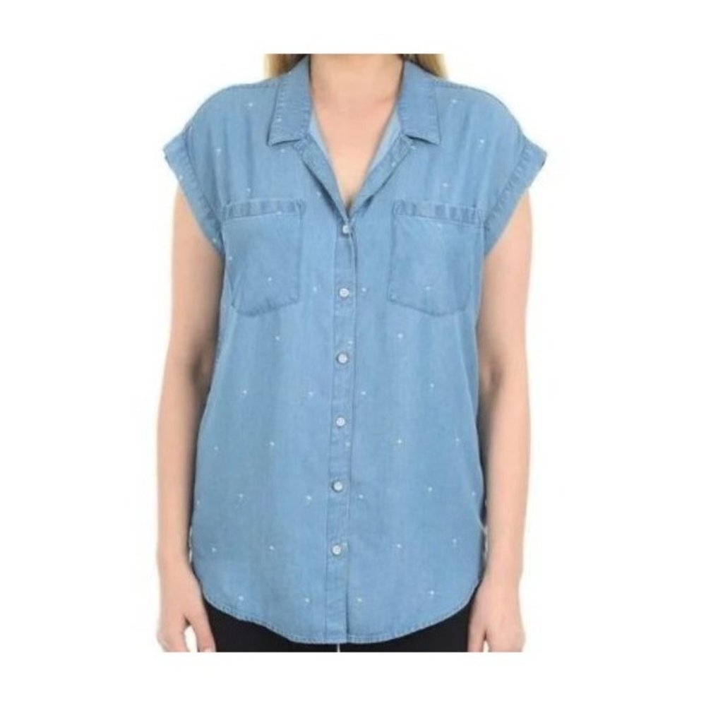JACHS GIRLFRIEND Women Large Chambray Button‎ Front Palm Tree Sleveless Shirt